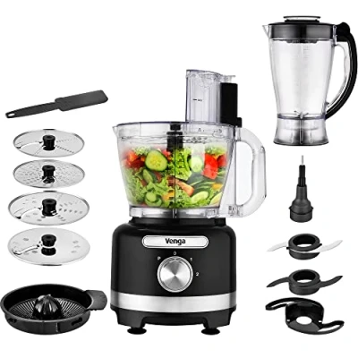 Imagen de Venga! Procesador de Alimentos 8 en 1, Bol 3 L, Batidora 1,75 2 Velocidades, Ajuste Pulsos, 1000 W, Negro/Plateado, VG HA 3001
