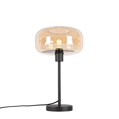Imagen de QAZQA art déco Lámpara de mesa negra con cristal ámbar Bizle/Acero Redonda Adecuado para LED Max. 1 x 25 Watt