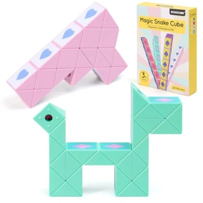 Imagen de ECHOCUBE Magic Snake Cube de Póker, Paquete 2 con 24 Bloques Cubo Serpiente Velocidad, Bolsas Fiesta para Niños, Juguetes Educativos Rompecabezas Twist Fidget (Verde y Rosa)