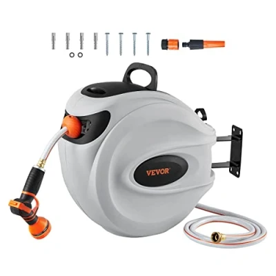 Imagen de VEVOR Carrete de Manguera Jardín Retráctil 12 mm x 40 m para Montaje en Pared con Boquilla 9 Patrones, Sistema Rebobinado Automático y Retorno Lento, Soporte Giratorio 180