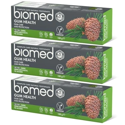 Imagen de Pasta de dientes 98% natural Biomed Salud encías Fortalecimiento y protección Aceites esenciales salvia, eucalipto, romero cedro, apto para veganos, sin SLES 3x100 g (Pack 3)