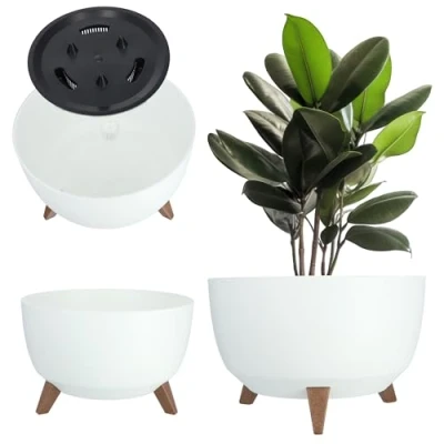 Imagen de KADAX Maceta Decorativa de Plástico con Soporte Integrado, Macetero Tres Patas Imitación Madera para Interior y Exterior (Blanco, 39.5 cm)