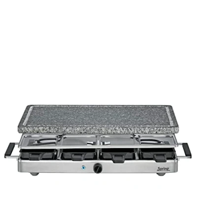 Imagen de Spring CLASSIC Raclette 8 Personas Parrilla de granito, piedra caliente con ranura para zumo, sartenes raclette, rascadores, estante almacenamiento, 48 x 27 14,5 cm, 1200 W,