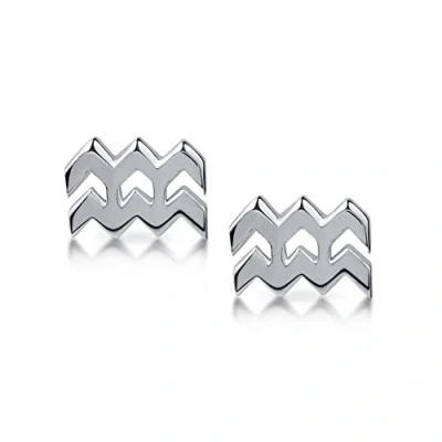 Imagen de Amberta Pendientes de Botón para Mujer en Plata Ley 925 con Signo Zodiaco Acuario