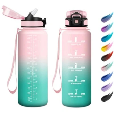 Imagen de Botella Agua 1.5L, con Pajita, Motivadora y Prueba de Fugas, Fácil Limpiar, Reutilizable, Marcador Tiempo, Garrafa para Oficina, Senderismo