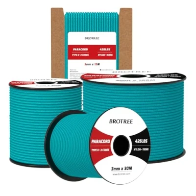 Imagen de Brotree Paracord 3mm 15M Cuerda 100% Nylon Tipo II 3 Hebras 425 para Exterior, Bricolaje 192 kg Carga de Rotura (Turquesa)