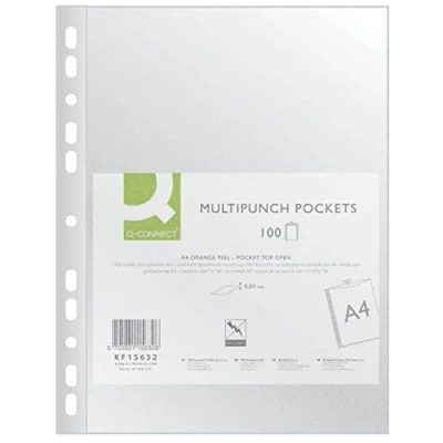 Imagen de Q Connect KF15632 fundas para folletos/fundas transparentes granuladas A4 100 unidades/granulado superior abierto, de plástico perforado/transparente 40 micras