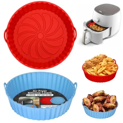 Imagen de Alyvisun Moldes Silicona Freidora de Aire, 2 Piezas Recipientes Bandeja Accesorios para sin Aceite Reutilizable Redondo Utensilios Cesta Air Fryer, Microondas, Horno (Rojo+Azul Cielo)