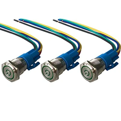 Imagen de QitinDasen 3Pcs Premium 12V / 24V 5A Interruptor de Botón Autoblocante, 19mm Metálico, LED Verde Pulsador Impermeable IP67 con Enchufe Cable
