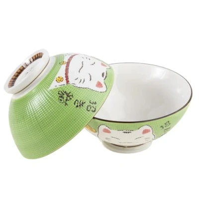 Imagen de lachineuse 2 cuencos para sopa o ramen, diseño Maneki Neko Duo verde multiusos porcelana Decoración japonesa idea de regalo Japón Asia