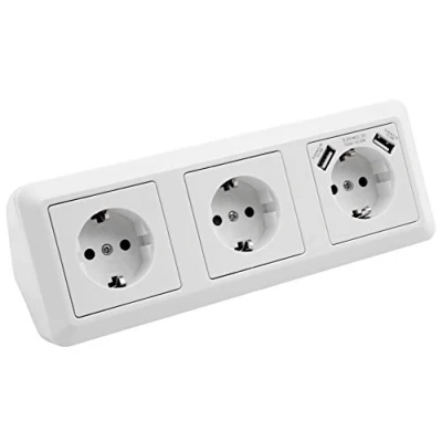 Imagen de McPower Bloque de enchufes esquineros CUP para debajo los muebles, enchufe USB, 3 x 2 230 V / 16 A, montaje en varios enchufes, blanco, pulido