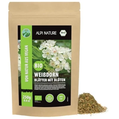 Imagen de té de espino orgánico, hojas orgánico con flores, recolección silvestre, corte 100% secado suave, seto natural (250 GR)