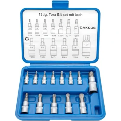 Imagen de DAKCOS Juego de 13 llaves vaso Torx T8H T60H 1/4 3/8 1/2 pulgadas con agujero, Cr V
