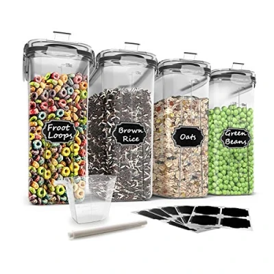 Imagen de Contenedores de almacenamiento alimentos, Wildone herméticos para cereales azúcar, harina, aperitivos, suministros hornear, a prueba fugas con tapas bloqueo negras Juego 4