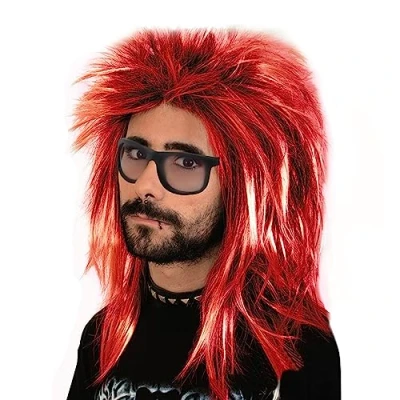 Imagen de MIVAIUN Peluca Estilo Mullet de diva del rock Ryan estrella accesorio fiesta temática carnaval salmonete años 80 mal gusto(Rojo)