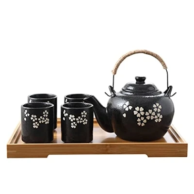 Imagen de fanquare Juego de Té Japonés Kungfu con Infusor, Servicio Flores Cerezo Blanco, Tetera Porcelana Hecha a Mano Para 4 Bandeja Bambú