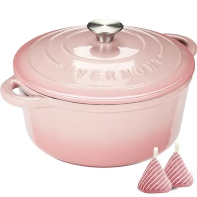 Imagen de Overmont Olla de Hierro Fundido Antiadherente Cacerola Holandesa Esmaltado con Tapa Ø28 CM Redonda para Cocinas Inducción Blanco