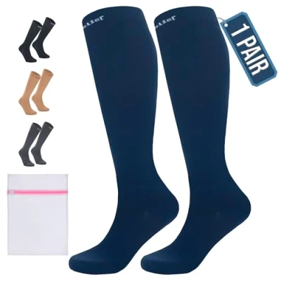 Imagen de 360 Relief Medias de Compresión para Mujeres y Hombres 1 Par Tallas Grandes Calcetine Deportes, Correr, Volar, Viaje, Trabajo, Footing 4XL Azul con Bolsa Malla