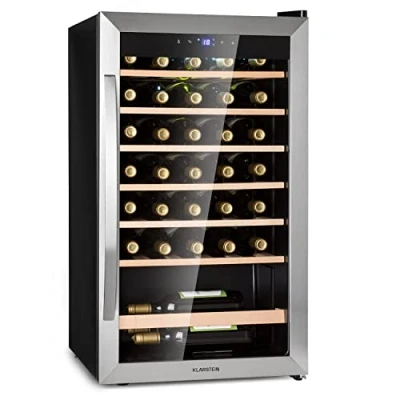 Imagen de Klarstein Vinoteca 36 Botellas, Nevera Vinos, Una Zona de Refrigeración, Expositora Vino y Cerveza, Interior Exterior con Puerta Cristal, Protección UV, 4 18C