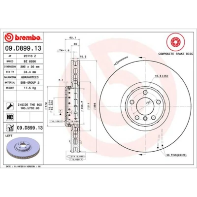Imagen de BREMBO 09.D899.13 disco de freno 395 36 5 ventilación interna, dos piezas revestido altamente carbonizado con tornillos BMW: X6, X5