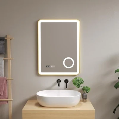 Imagen de pro.tec Espejo de Pared con LED Lupa 3X Reloj e Indicador Temperatura Antivaho Interruptor Táctil 3 Opciones Color Aluminio 80 x 60 4 cm Dorado