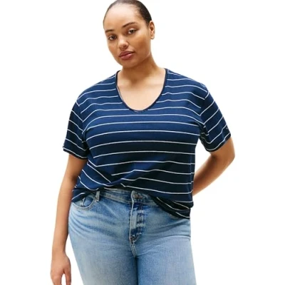 Imagen de Tommy Hilfiger Camiseta de Manga Corta Mujer Modern Linen con Cuello Pico, Multicolor (Big STP Dark Night Navy), 50