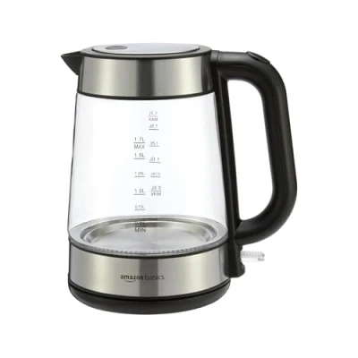 Imagen de Amazon Basics Hervidor eléctrico de cristal, 1,7 litros, 2200W, Negro, Plateado