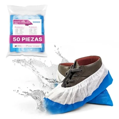 Imagen de ARNOMED cubrezapatos desechables CPE+PP, calzas pies blanco con suela azul, 50 uds., patucos desechables, cubre zapatos desechable talla 17x40cm, sanitarios