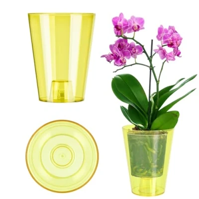Imagen de KADAX maceta delgada para orquídeas, sencilla, orquídea, marihuana, margarita, cocina y salón (12 cm, redonda, amarillo)