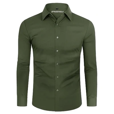 Imagen de DEMEANOR Camisa para hombre, elástica, manga larga, informal, corte ajustado, camisas de negocios, no necesita planchado, verde oliva, S