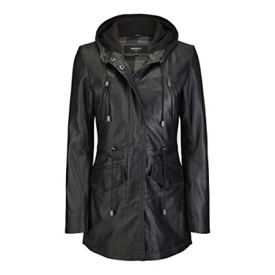 Imagen de Chaqueta Parka de Cuero Real Estilo Safari para Mujer 3/4 con Capucha en Negro Suave