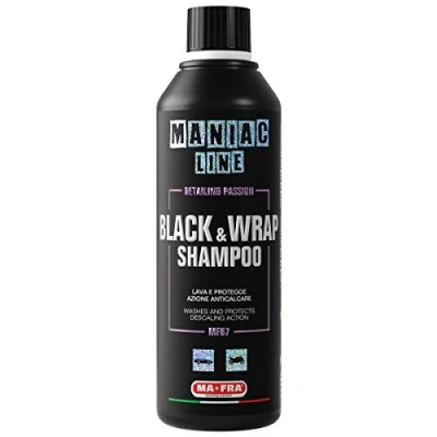 Imagen de Ma Fra Maniac Car Detailing Line, Black &amp; Wrap Champú para coche 2 en 1, lava y protege, con acción brillante, antimanchas efecto antical, coches negros opacos o Wrappate, formato de 500 ml