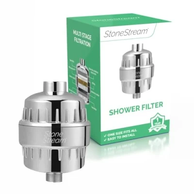 Imagen de filtro de ducha para agua dura, original StoneStream®, cabezal suave con vitamina C y carbón activado eliminar el cloro, metales pesados más, piel seca cabello