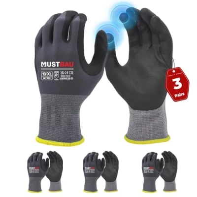 Imagen de Mustbau 3 Pares de Guantes Trabajo con Pantalla Táctil, Nitrilo Resistentes a la Abrasión, Excelente Agarre Adecuados para Jardinería, Mecánica, Construcción (Gris,XL)