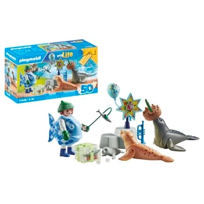 Imagen de PLAYMOBIL myLife 71448 Cuidador con Animales, Fiesta de cumpleaños Dos focas y una cría Foca, Juego Roles imaginativo, Juguetes para niños a Partir 4 años