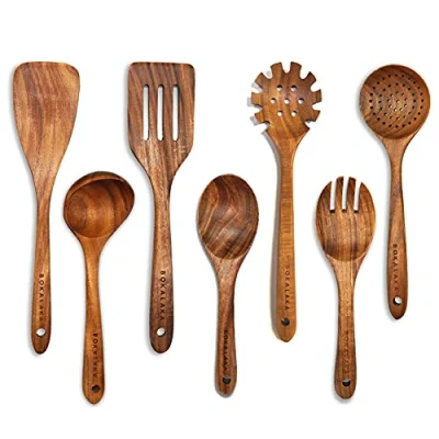 Imagen de Cucharas de madera para cocinar, 7 utensilios cocinar teca, cocina madera, espátula