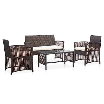 Imagen de vidaXL Set Muebles de Jardín 4 Piezas Cojines Exterior Patio Terraza Sofá Mesa Tablero Comedor Aire Libre Conjunto Casas Ratán Sintético Marrón