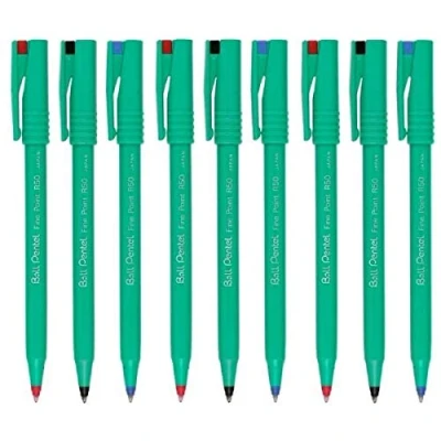 Imagen de Pentel Colores Surtidos Paquete R50 Punta Redonda Bolígrafo Rotuladores Finos 0.8mm Acolchados de Pluma 0.4mm Anchura Línea 77% Reciclada (3 Of Cada Color Negro Azul Rojo 9 Plumas)