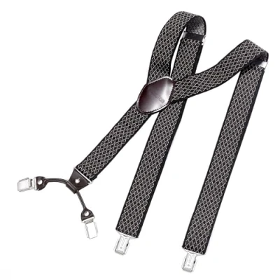 Imagen de DonDon tirantes hombre anchos 3,5 cm con 4 clips extra fuertes para pantalones y parche de cuero marrón negro a cuadros