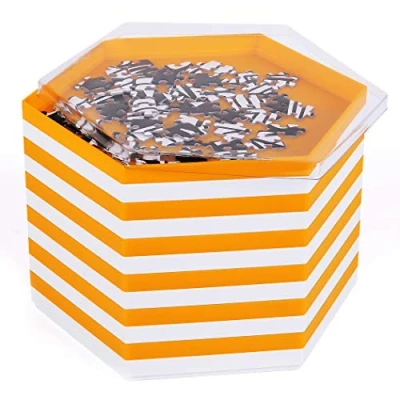 Imagen de Becko Bandeja apilable para puzles con tapa, accesorios de hasta 2000 piezas, 12 bandejas hexagonales en blanco y naranja