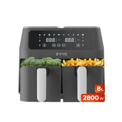 Imagen de EVVO Freidora de aire sin aceite 8L, 2800W, Doble Cesta, Recipiente Antiadherente, Tecnología Dual Cyclone, 10 Programas, Hornea, Deshidrata, Descongela, hasta 200º (Color Negro)