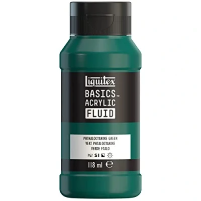 Imagen de Liquitex Basics Fluid Pintura acrílica de consistencia fluida, secado rápido, resistente a la luz, impermeable, acabado satinado permanente, bote 118 ml, verde ftalo