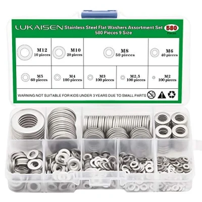 Imagen de Arandelas, 580 Piezas arandelas planas de Acero Inoxidable 304 8 tamaños Juego surtido y seguridad (M2 M2.5 M3 M4 M5 M6 M8 M10)