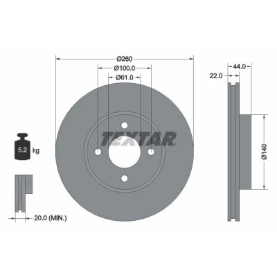 Imagen de TEXTAR PRO 92239903 Disco de freno 260 22 04/04 100 ventilación interna revestido sin perno sujeción rueda, buje rueda