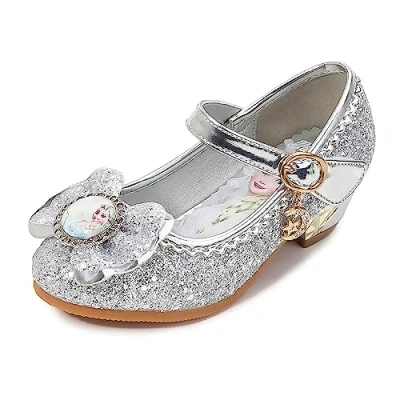 Imagen de FStory&amp;Winyee Sandalias de Princesa para Niñas con Tacón Zapatos Niños Brillo Fiesta Cristal Accesorios Disfraz Carnaval Actuación Bola Baile Mary Janede Tacón,Plateado,27