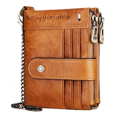 Imagen de REETEE Carteras para Hombre Billetera de Piel con RFID Bloqueo Billeteras y Monedero Cremallera, Pequeño19 Ranuras Tarjetas Cartera Cadena (marrón)