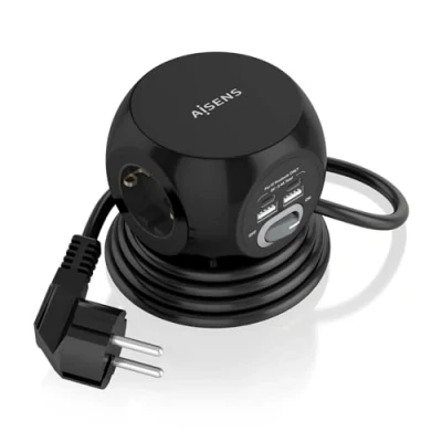 Imagen de AISENS Regleta de Enchufes Sobremesa Multifuncion con 3 Tomas + 2xUSB C, A, 1.4M, Negro