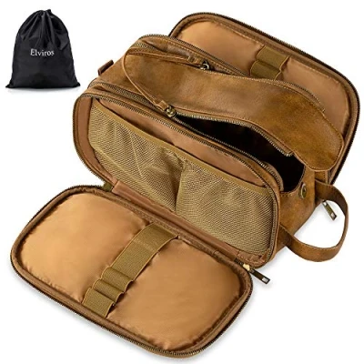 Imagen de Elviros Neceser de Viaje para Hombre, Bolsa Aseo Grande Impermeable PU, Maquillaje Organizador Mujer, Portáti Gran Capacidad Dopp Kit, Caqui, 30,5 x 17 18 cm