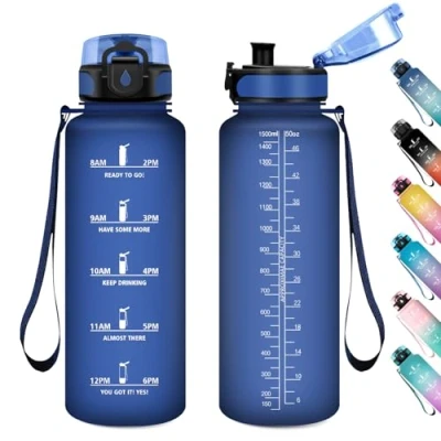 Imagen de Botella Agua Fitness 1.5L, de Prueba Fugas, con Marca Tiempo, Reutilizable, Deportiva Cantimplora para Adulto, Gimnasio, Cámping, Gym