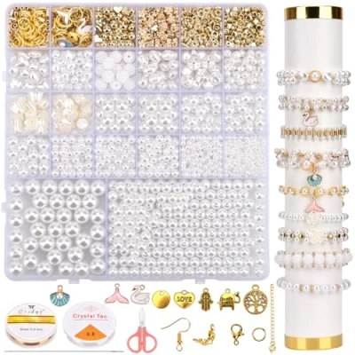 Imagen de Juego de combinación perlas blancas con cuentas espaciadoras para enhebrar hacer joyas, collares, pulseras, manualidades, etc